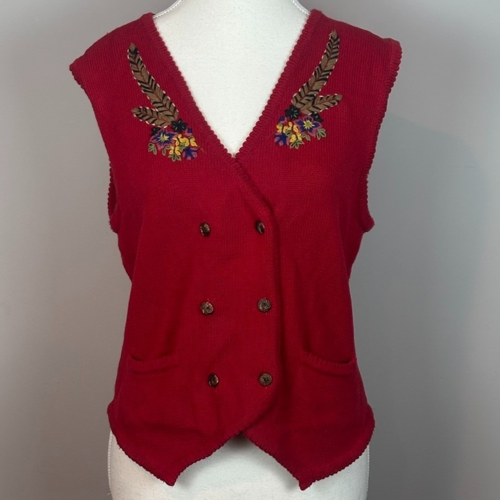 Vintage Susan Bristol Hand Embroidered Red 90s Sweater Vest Womens S Cottagecore